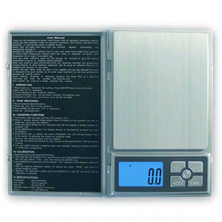 DIPSE NB 2000 x 0,1g - Schutzdeckel aufgeklappt. Wägefläche, Anzeige und 5-Tasten Bedienung. 
