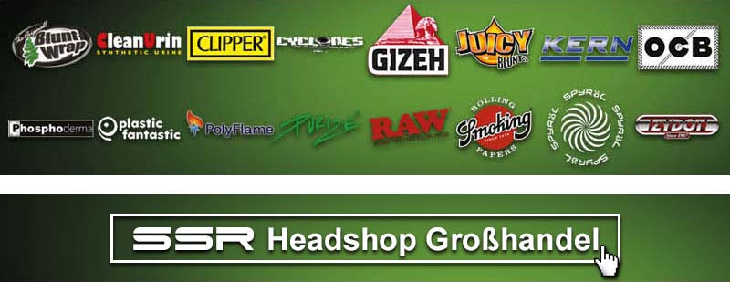 Headshop Großhandel SSR Produkt - Logos von Gizeh, Clipper, Juicy Blunts, OCB, Plastic Fantastic, Poly Flame, Purize, RAW, Smoking, Spyräl, Cyclones und Zydot.